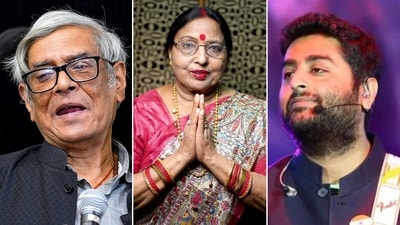 (L-R): Bibek Debroy was posthumously awarded the Padma Vibhushan, Sharda Singh has been posthumously awarded the Padma Vibhushan and singer Arijit Singh has been awarded the Padma Shri. (L-R): Bibek Debroy was posthumously awarded the Padma Vibhushan, Sharda Singh has been posthumously awarded the Padma Vibhushan and singer Arijit Singh has been awarded the Padma Shri.