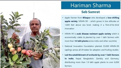 Hariman Sharma is an apple farmer from Bilaspur who developed a low-chilling apple variety. Hariman Sharma is an apple farmer from Bilaspur who developed a low-chilling apple variety.