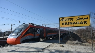 A Vande Bharat Express train completed it's first trial run in Jammu and Kashmir (Waseem Andrabi/ Hindustan Times) A Vande Bharat Express train completed it's first trial run in Jammu and Kashmir (Waseem Andrabi/ Hindustan Times)