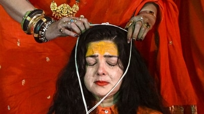 Former actor Mamta Kulkarni being consecrated as a Mahamandaleshwar of the Kinnar Akhada during the ongoing Maha Kumbh Mela 2025, in Prayagraj, Friday. (PTI) Former actor Mamta Kulkarni being consecrated as a Mahamandaleshwar of the Kinnar Akhada during the ongoing Maha Kumbh Mela 2025, in Prayagraj, Friday. (PTI)