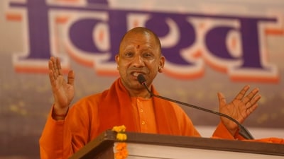 Uttar Pradesh Chief Minister Yogi Adityanath addresses Sant Sammelan organised by Vishva Hindu Parishad (VHP) at its pandal at the ongoing the Maha Kumbh Mela festival, in Prayagraj, Saturday, January 25, 2025. (PTI) Uttar Pradesh Chief Minister Yogi Adityanath addresses Sant Sammelan organised by Vishva Hindu Parishad (VHP) at its pandal at the ongoing the Maha Kumbh Mela festival, in Prayagraj, Saturday, January 25, 2025. (PTI)