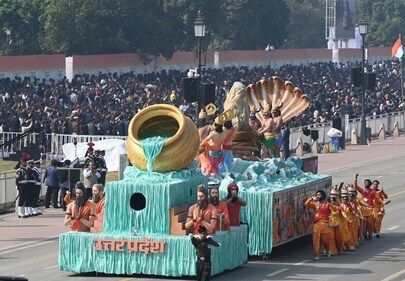 The Republic Day tableau of Uttar Pradesh state showcases the ongoing Maha Kumbh. References of mythological elements such as Samudra Manthan and Amrit Kalash alongside depiction of ascetics bathing on the banks of the Sangam in Prayagraj portray a metaphorical confluence of virasat and vikas, which are the two major themes of R-Day this year. (Photo: HT ) The Republic Day tableau of Uttar Pradesh state showcases the ongoing Maha Kumbh. References of mythological elements such as Samudra Manthan and Amrit Kalash alongside depiction of ascetics bathing on the banks of the Sangam in Prayagraj portray a metaphorical confluence of virasat and vikas, which are the two major themes of R-Day this year. (Photo: HT )