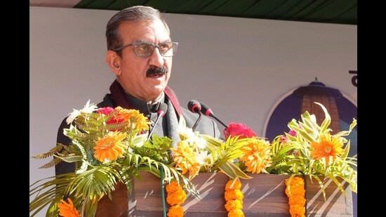 CM Sukhvinder Singh Sukhu addressing a gathering at the 55th Statehood Day celebrations in Baijnath on Saturday. (HT Photo)