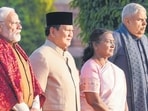 Indonesia president Prabowo Subianto (2nd L) with prime minister Narendra Modi, President Droupadi Murmu and vice president Jagdeep Dhankhar at the 'At-Home' reception at the Rashtrapati Bhavan. Indonesia president Prabowo Subianto (2nd L) with prime minister Narendra Modi, President Droupadi Murmu and vice president Jagdeep Dhankhar at the 'At-Home' reception at the Rashtrapati Bhavan.