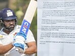 Rohit Sharma received a heartfelt letter from a 15-year-old fan after the Ranji Trophy fixture between Mumbai and Jammu and Kashmir concluded. Rohit Sharma received a heartfelt letter from a 15-year-old fan after the Ranji Trophy fixture between Mumbai and Jammu and Kashmir concluded.