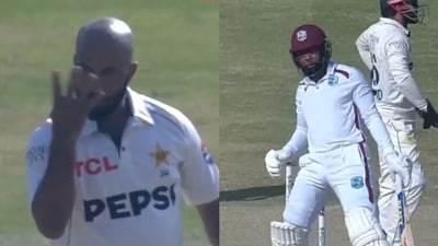 Pakistan's Sajid Khan pulled out John Cena's iconic ‘you can’t see me' pose to intimidate West Indies batter Jomel Warrican. (Screengrabs - Fancode X) Pakistan's Sajid Khan pulled out John Cena's iconic ‘you can’t see me' pose to intimidate West Indies batter Jomel Warrican. (Screengrabs - Fancode X)