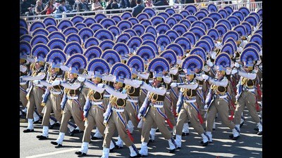 A contingent of the all women CRPF personnel marches past the saluting Base during the Republic Day parade, at Kartavya Path (HT/Arvind Yadav) A contingent of the all women CRPF personnel marches past the saluting Base during the Republic Day parade, at Kartavya Path (HT/Arvind Yadav)