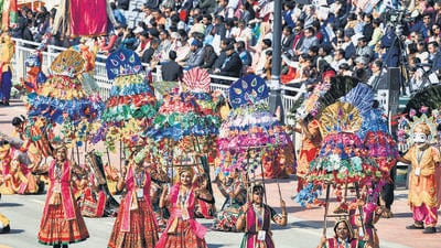 Artistes perform during the celebrations at Kartavya Path in Delhi on Sunday. (ANI) Artistes perform during the celebrations at Kartavya Path in Delhi on Sunday. (ANI)