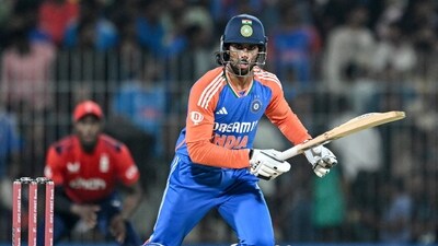 India's Tilak Varma watches the ball after playing a shot during the second Twenty20 international cricket match between India and England (AFP)