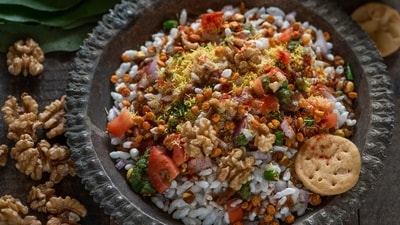 Mumbai's iconic Chowpatty Bhel Puri with California Walnuts by Chef Varun Inamdar. Mumbai's iconic Chowpatty Bhel Puri with California Walnuts by Chef Varun Inamdar.