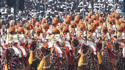 Camel mounted contingent of Border Security Force (BSF) marches past the saluting Base during the Republic Day Parade 2025, at Kartavya Path, in New Delhi, India, on Sunday. (Arvind Yadav/HT)