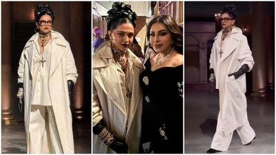 Deepika Padukone turned muse for Sabyasachi Mukherjee at the designer's 25th-anniversary runway show. It is her first show after giving birth to her and Ranveer Singh's daughter. She wore an all-white look featuring a trench coat, a white silk button-down shirt, and flared pants. She styled the ensemble with black boots, layered necklaces, goth makeup, black leather gloves, nerdy glasses, and a Frida Kahlo-inspired hairdo. Deepika Padukone turned muse for Sabyasachi Mukherjee at the designer's 25th-anniversary runway show. It is her first show after giving birth to her and Ranveer Singh's daughter. She wore an all-white look featuring a trench coat, a white silk button-down shirt, and flared pants. She styled the ensemble with black boots, layered necklaces, goth makeup, black leather gloves, nerdy glasses, and a Frida Kahlo-inspired hairdo. 
