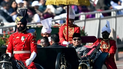 Republic Day 2025: President Droupadi Murmu (C,L) with guest of honour, Indonesian President Prabowo Subianto (R) arrive for the 76th Republic Day parade in New Delhi. Republic Day 2025: President Droupadi Murmu (C,L) with guest of honour, Indonesian President Prabowo Subianto (R) arrive for the 76th Republic Day parade in New Delhi.