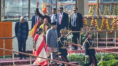Republic Day 2025: Prime Minister Narendra Modi waves towards the public as President Droupadi Murmu with guest of honour, Indonesian President Prabowo Subianto (C,R) leave after the 76th Republic Day parade in New Delhi. Republic Day 2025: Prime Minister Narendra Modi waves towards the public as President Droupadi Murmu with guest of honour, Indonesian President Prabowo Subianto (C,R) leave after the 76th Republic Day parade in New Delhi.