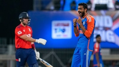 India's bowler Axar Patel celebrates the wicket of England's batter Liam Livingstone during the second T20I. (PTI) India's bowler Axar Patel celebrates the wicket of England's batter Liam Livingstone during the second T20I. (PTI)