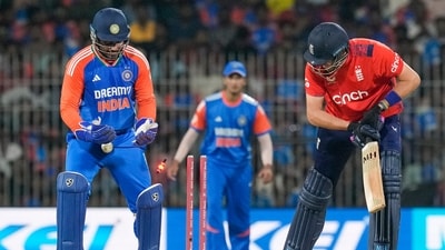 England's batter Jamie Overton is being bowled out during the second T20 cricket match between India and England, at M.A. Chidambaram Stadium (PTI) England's batter Jamie Overton is being bowled out during the second T20 cricket match between India and England, at M.A. Chidambaram Stadium (PTI)
