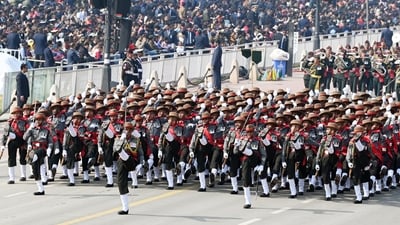 Republic Day Parade displays India's cultural legacy and military prowess via the tableaux and coordinated marches by contingents. In pic: Assam Rifles Contingent during the full dress rehearsal for the Republic Day Parade 2025 at the Kartavya Path in New Delhi, India. (Hindustan Times/Arvind Yadav) Republic Day Parade displays India's cultural legacy and military prowess via the tableaux and coordinated marches by contingents. In pic: Assam Rifles Contingent during the full dress rehearsal for the Republic Day Parade 2025 at the Kartavya Path in New Delhi, India. (Hindustan Times/Arvind Yadav)
