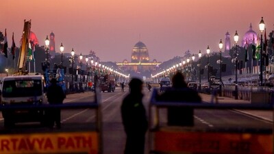 Kartavya Path on the eve of the Republic Day Parade 2025, in New Delhi, Saturday. (PTI) Kartavya Path on the eve of the Republic Day Parade 2025, in New Delhi, Saturday. (PTI)