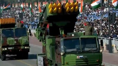 Republic Day 2025: Pinaka multi-launcher rocket system at Kartavya Path in New Delhi. (PTI) Republic Day 2025: Pinaka multi-launcher rocket system at Kartavya Path in New Delhi. (PTI)