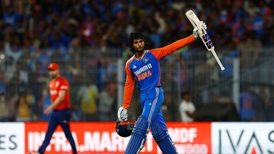 India's Tilak Varma celebrates after hitting four runs to win the game. (REUTERS)