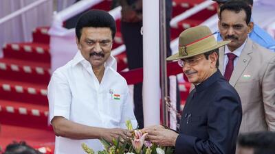 Tamil Nadu Governor RN Ravi being welcomed by chief minister MK Stalin during the Republic Day celebration at Marina Beach, in Chennai, on Sunday. (PTI) Tamil Nadu Governor RN Ravi being welcomed by chief minister MK Stalin during the Republic Day celebration at Marina Beach, in Chennai, on Sunday. (PTI)