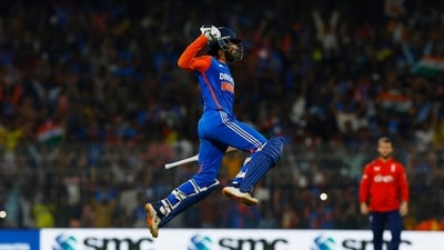 India's Tilak Varma celebrates after hitting four runs to win the game. (REUTERS)