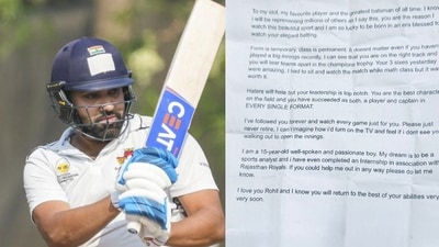 Rohit Sharma received a heartfelt letter from a 15-year-old fan after the Ranji Trophy fixture between Mumbai and Jammu and Kashmir concluded. (PTI/Team45Ro Instagram) Rohit Sharma received a heartfelt letter from a 15-year-old fan after the Ranji Trophy fixture between Mumbai and Jammu and Kashmir concluded. (PTI/Team45Ro Instagram)