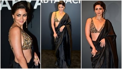 Alia Bhatt opted for a bold look at Sabyasachi's 25th-anniversary show. She wore a handcrafted Murshidabad silk saree and a bejewelled precious stone-adorned blouse. She styled the ensemble with kohl-lined eyes, blush-toned glam, statement rings, and ornate earrings. Alia Bhatt opted for a bold look at Sabyasachi's 25th-anniversary show. She wore a handcrafted Murshidabad silk saree and a bejewelled precious stone-adorned blouse. She styled the ensemble with kohl-lined eyes, blush-toned glam, statement rings, and ornate earrings. 
