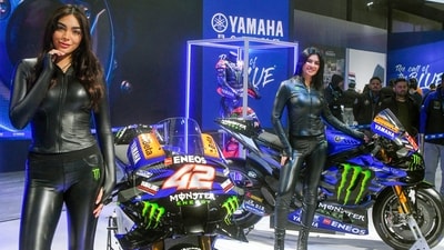 Models stand beside Yamaha bikes at Bharat Mobility Global Expo 2025, in New Delhi. (ANI) Models stand beside Yamaha bikes at Bharat Mobility Global Expo 2025, in New Delhi. (ANI)