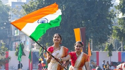 Artists perform during the 76th Republic Day celebration, in Kanpur on Sunday. (Pintu Verma/ANI)