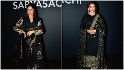 Sharvari Wagh brought the elgance quotient to the Sabyasachi anniversary gala in a royal blue zardozi-embroidered saree and a split bandhgala blouse. She styled the ensemble with statement jewels and striking glam. Meanwhile, Aditi Rao Hydari was a picture of elegance in a blacxk gold-embroidered anarkali and a heavily-embellished dupatta. Sharvari Wagh brought the elgance quotient to the Sabyasachi anniversary gala in a royal blue zardozi-embroidered saree and a split bandhgala blouse. She styled the ensemble with statement jewels and striking glam. Meanwhile, Aditi Rao Hydari was a picture of elegance in a blacxk gold-embroidered anarkali and a heavily-embellished dupatta. 