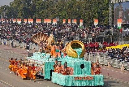 Uttar Pradesh tableau on display during the Republic Day Parade 2025 at the Kartavya Path, in New Delhi (PTI)