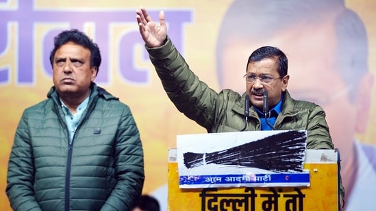 AAP National Convenor Arvind Kejriwal addresses a public meeting in support of party Narela Assembly Constituency candidate Sharad Chauhan for the Delhi Assembly election, in New Delhi on Saturday. (AAP-X)