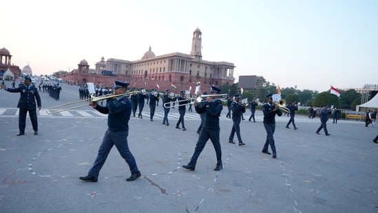 Indian Air Force bands march during rehearsal for the Beating Retreat ceremony, at Raisina Hills in New Delhi, India, Friday, Jan.24, 2025.(AP Photo/Channi Anand)