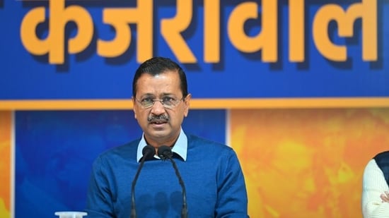 File photo of AAP national convener Arvind Kejriwal addressing a press conference at the party office. (Vipin Kumar/HT Photo)