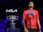 Alexander Zverev gives a speech during the trophy ceremony after losing the final against Jannik Sinner.