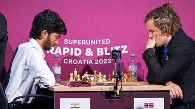D Gukesh and Magnus Carlsen during a match. D Gukesh and Magnus Carlsen during a match.
