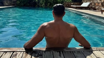 Bobby Deol enjoying in a swimming pool. Bobby Deol enjoying in a swimming pool.