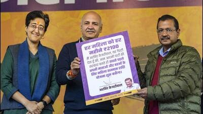 AAP chief Arvind Kejriwal with Delhi chief minister Atishi and former deputy CM Manish Sisodia releases party's manifesto featuring 15 guarantees ahead of the Delhi Assembly polls, in Delhi, on Monday. (PTI) AAP chief Arvind Kejriwal with Delhi chief minister Atishi and former deputy CM Manish Sisodia releases party's manifesto featuring 15 guarantees ahead of the Delhi Assembly polls, in Delhi, on Monday. (PTI)