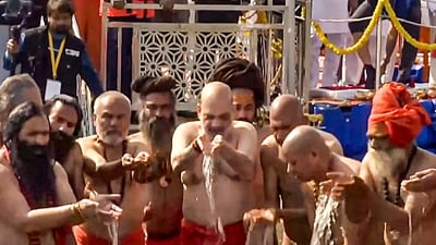 Union Home Minister Amit Shah takes a holy dip during Mahakumbh, at Sangam in Prayagraj on Monday. (CMO/PTI) Union Home Minister Amit Shah takes a holy dip during Mahakumbh, at Sangam in Prayagraj on Monday. (CMO/PTI)
