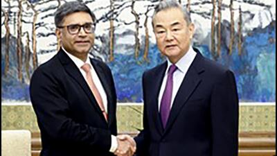 Chinese foreign minister Wang Yi with India's foreign secretary Vikram Misri, in Beijing on Monday. (China_Amb_India X) Chinese foreign minister Wang Yi with India's foreign secretary Vikram Misri, in Beijing on Monday. (China_Amb_India X)