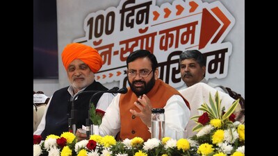 Haryana chief minister Nayab Singh Saini addressing a press conference in Chandigarh on Tuesday. (HT Photo) Haryana chief minister Nayab Singh Saini addressing a press conference in Chandigarh on Tuesday. (HT Photo)