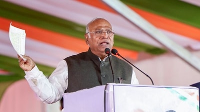 Congress chief Mallikarjun Kharge addresses the gathering during the 'Jai Bhim, Jai Bapu, Jai Samvidhan' rally, in Mhow on Monday. (ANI) Congress chief Mallikarjun Kharge addresses the gathering during the 'Jai Bhim, Jai Bapu, Jai Samvidhan' rally, in Mhow on Monday. (ANI)