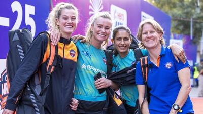 Odisha Warriors players Yibbi Jansen, Freeke Moes, Sonika Tandi with chief coach Janneke Schopman. (HIL) Odisha Warriors players Yibbi Jansen, Freeke Moes, Sonika Tandi with chief coach Janneke Schopman. (HIL)