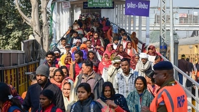 Rush of devotees during Maha Kumbh Mela 2025, at the Sangam in Prayagraj. (PTI)