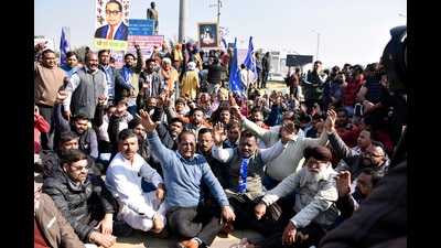 People stage a protest against the Babasaheb Bhimrao Ambedkar statue Vandalism, in Amritsar on Monday. (ANI) People stage a protest against the Babasaheb Bhimrao Ambedkar statue Vandalism, in Amritsar on Monday. (ANI)