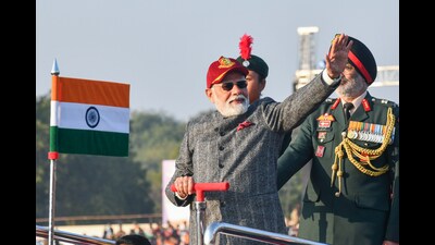 Prime Minister Narendra Modi inspects the annual NCC PM rally, at Cariappa Parade Ground in New Delhi on Monday. (ANI PHOTO) Prime Minister Narendra Modi inspects the annual NCC PM rally, at Cariappa Parade Ground in New Delhi on Monday. (ANI PHOTO)