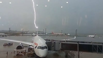 A British Airways plane in São Paulo, Brazil, was hit by lightning during a powerful storm. (X/@aviationbrk) A British Airways plane in São Paulo, Brazil, was hit by lightning during a powerful storm. (X/@aviationbrk)