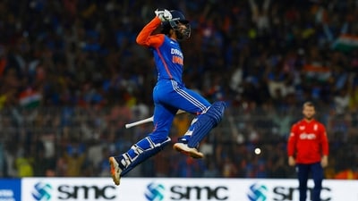 India's Tilak Varma celebrates after hitting four runs to win the game against England. (REUTERS)