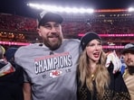 Taylor Swift celebrates with Travis Kelce #87 of the Kansas City Chiefs after defeating the Buffalo Bills 32-29 in the AFC Championship Game at GEHA Field at Arrowhead Stadium on January 26, 2025 in Kansas City, Missouri. Taylor Swift celebrates with Travis Kelce #87 of the Kansas City Chiefs after defeating the Buffalo Bills 32-29 in the AFC Championship Game at GEHA Field at Arrowhead Stadium on January 26, 2025 in Kansas City, Missouri.
